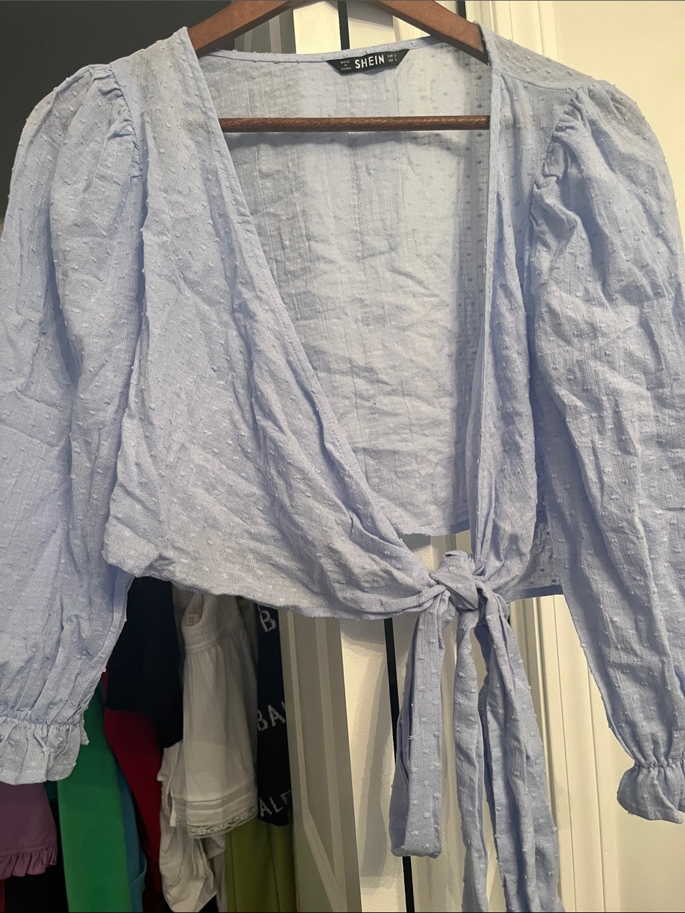 SHEIN Powder Blue Tie-Front Puff Sleeve Wrap Top